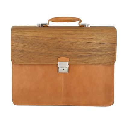 Picture of Teak Wood & Honey Leather Briefcase - Three Compartments